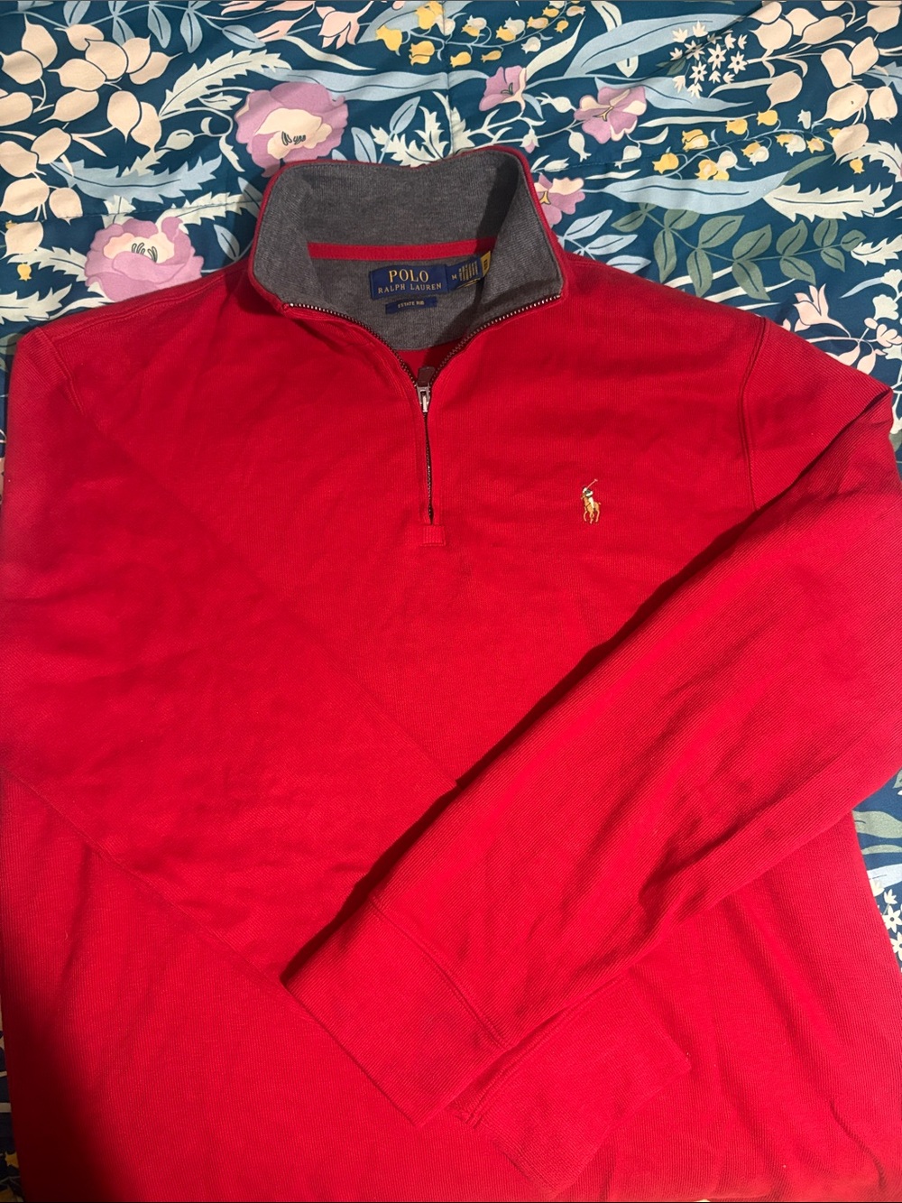 Polo by Ralph Lauren Men’s Bright Red Quarter-Zip Sweater with Contrast Collar